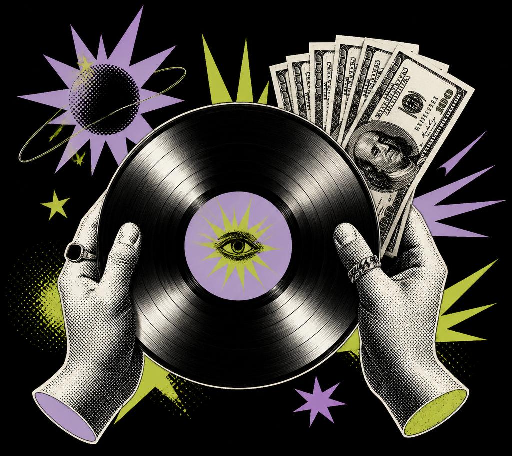 Hands holding a vinyl record and cash, collage illustration